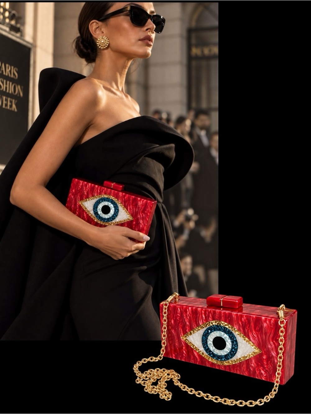 Red Evil Eye Acrylic Box Clutch Gold Chain Statement Evening Bag
